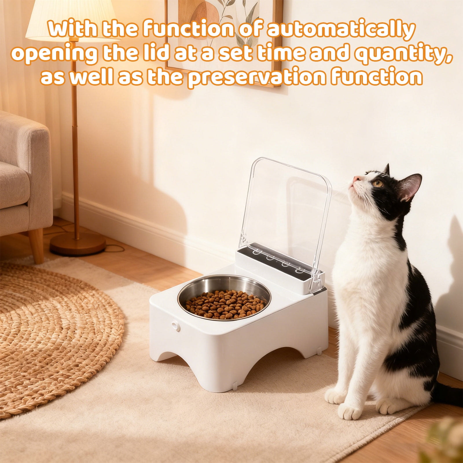 Automatic Cat Feeder Dog Feeder with Induction Timed Lid Freshness Preservation Stainless Steel Bowl for Indoor Cats Cat Food Bowl，As Show
