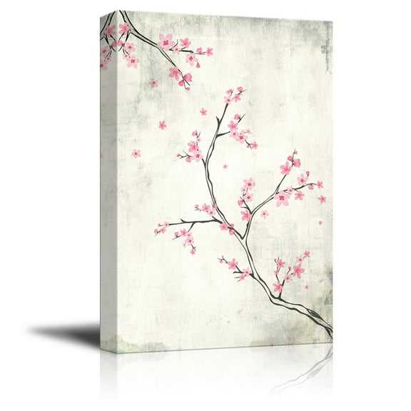 wall26 Canvas Wall Art - Watercolor Painting Style Pink Cherry Blossom on Branch - Giclee Print Gallery Wrap Modern Home Art Ready to Hang - 12x18 inches