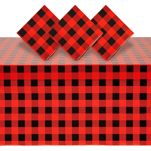 3 Pack Buffalo Plaid Plastic Tablecloth For Lumberjack Baby Shower Red 