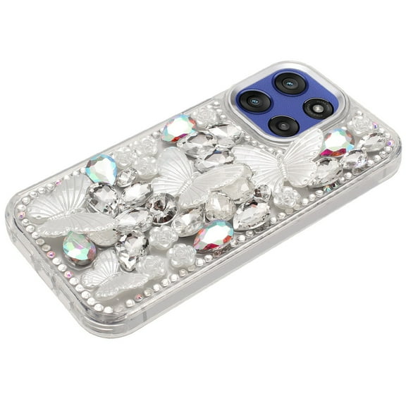 XPM for Motorola Moto G Stylus 5G 2025 3D Diamond Floral Butterfly Bling Stone Hybrid, Sparkly Rhinestone Gemstone Back Shockproof Phone Case Cover (Silver)