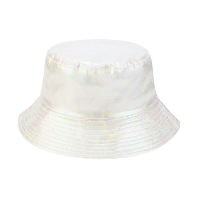 Unisex Bucket Hat Waterproof Holographic Adjustable Sun Protection Faux Leather Flat Top Fisherman Hat for Daily Outing