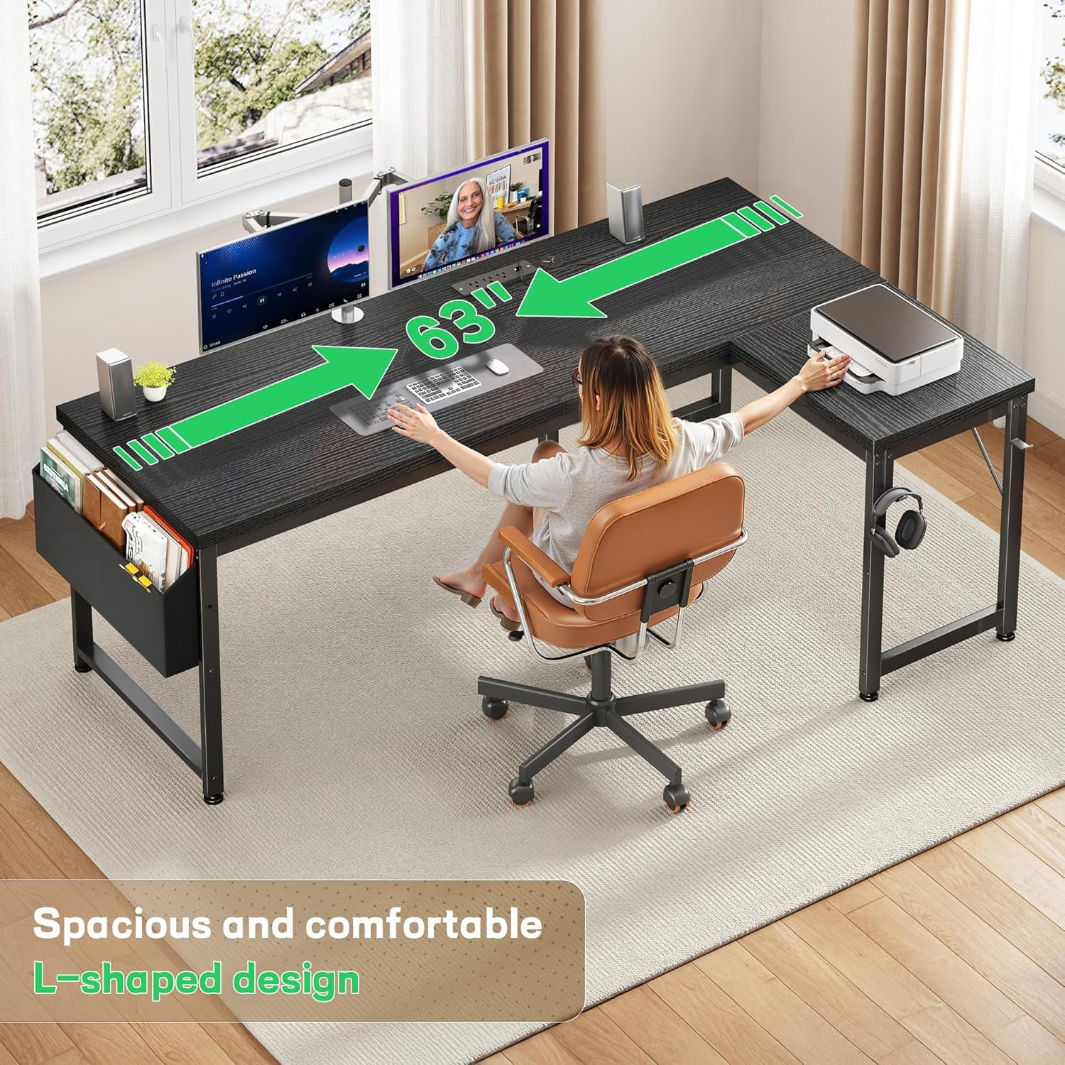 63" Larger L Shaped Desk for 2 monitors or 2 laptops, Reversible Computer Desk with Power Outlets and USB-C Port, Gaming Desk with LED, 0.95" Thicker Office Corner desk for Study, Work Black