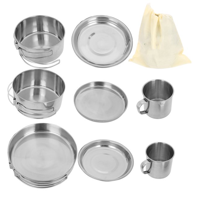 Juego de 8 Uds de utensilios de cocina de acero inoxidable para barbacoa, utensilios de cocina para acampar, cuenco para Picnic, olla y sartén
