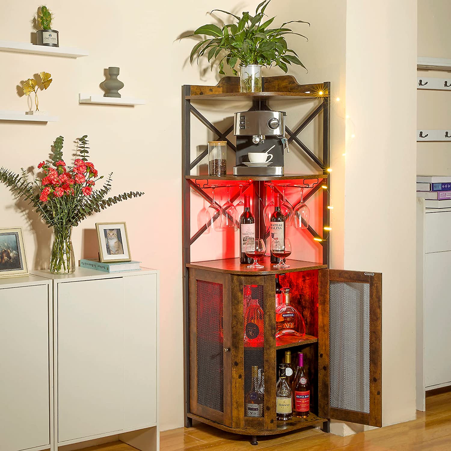 LINSHUI Corner Bar with LED Lights, 5Tier Industrial Wine