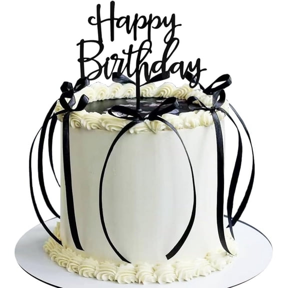 Bow Cake Topper With Happy Birthday Sign - Coquette Themed Party Black Vintage Heart Cake Decoration