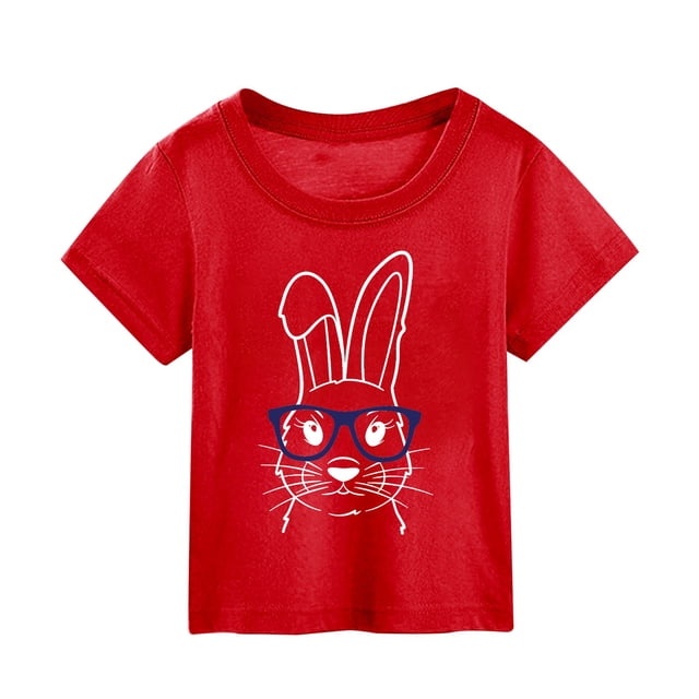 PMVFHDE T-Shirt Imprimé Lapin de Pâques pour Filles - Mignon Col Rond Manches Courtes pour Printemps Vacances, Fête de Pâques & Tenues Décontractées (Doux & Confortable) Rouge, 3-4 Ans
