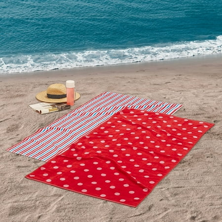 - Mainstays Stripe and Polka Dot Reversible Cotton Beach Towel, 2 Pack