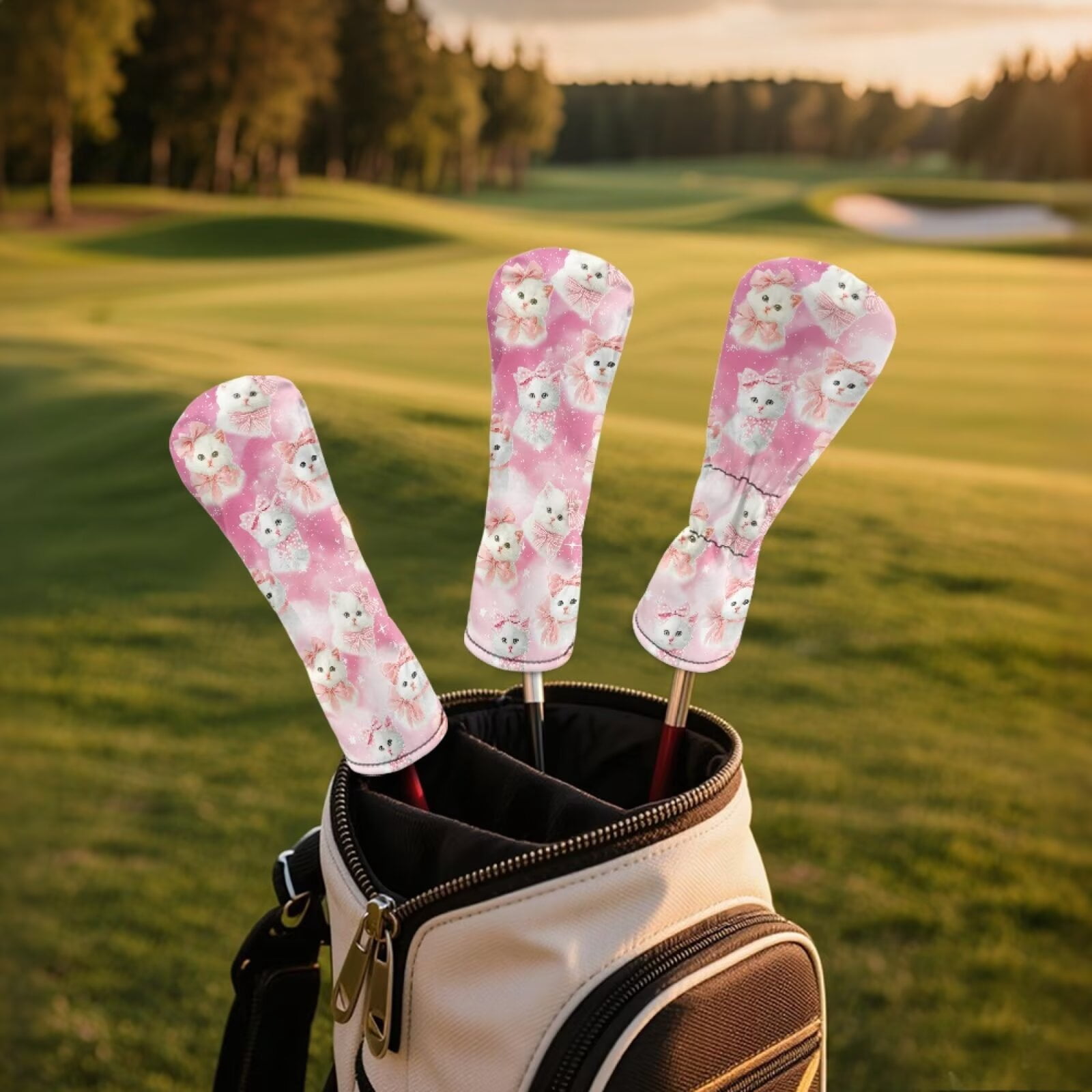 Uorisanigo Cute Cat Golf Club Head Cover Driver Cover Fariway Wood Headcover Hybrid Head Covers, 3 PCS Golf Accessories Headcovers for Club Protective, Elastic & Friction Resistant