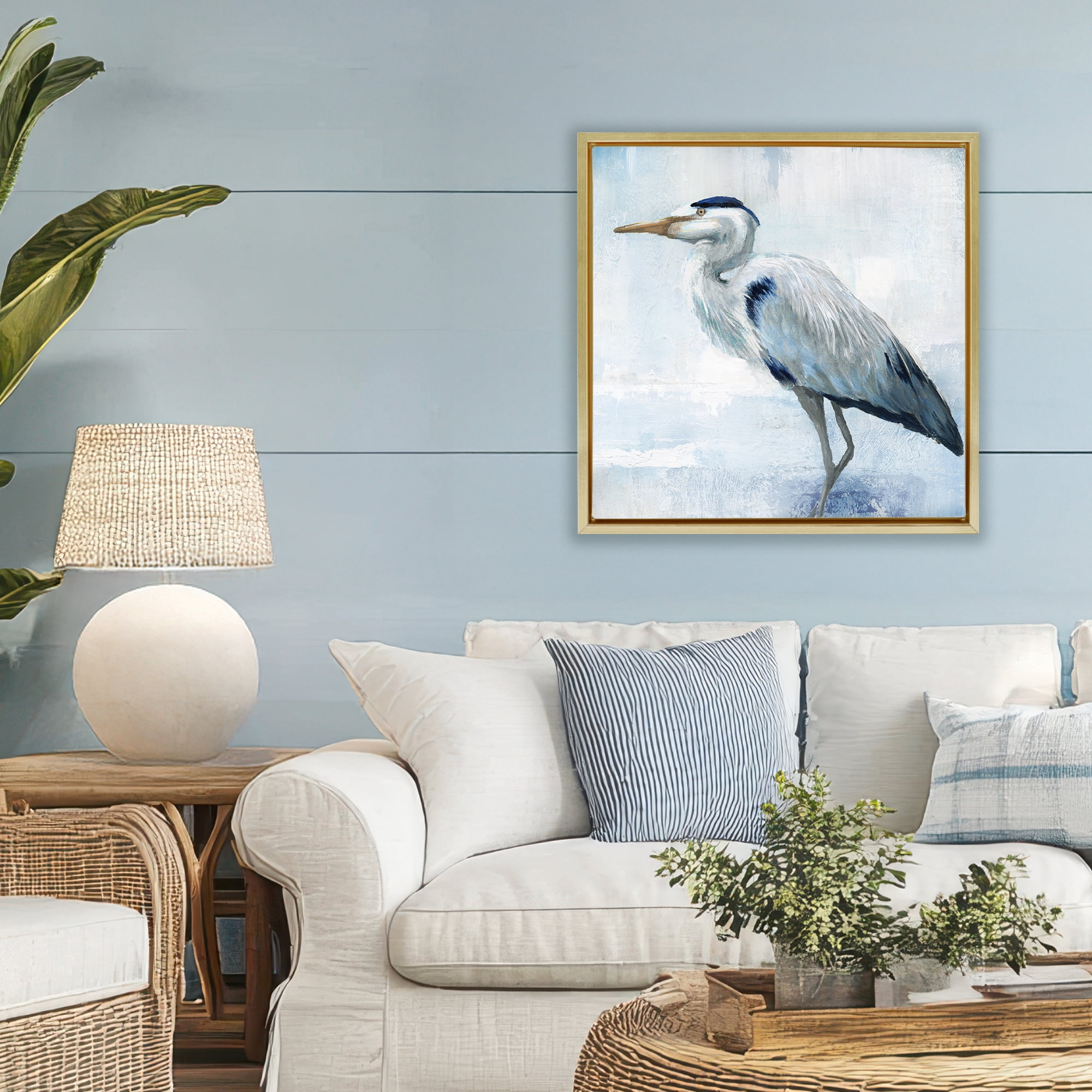 Stupell Industries Faded Blue Heron Gold Framed Floater Canvas Wall Art, design by Nan