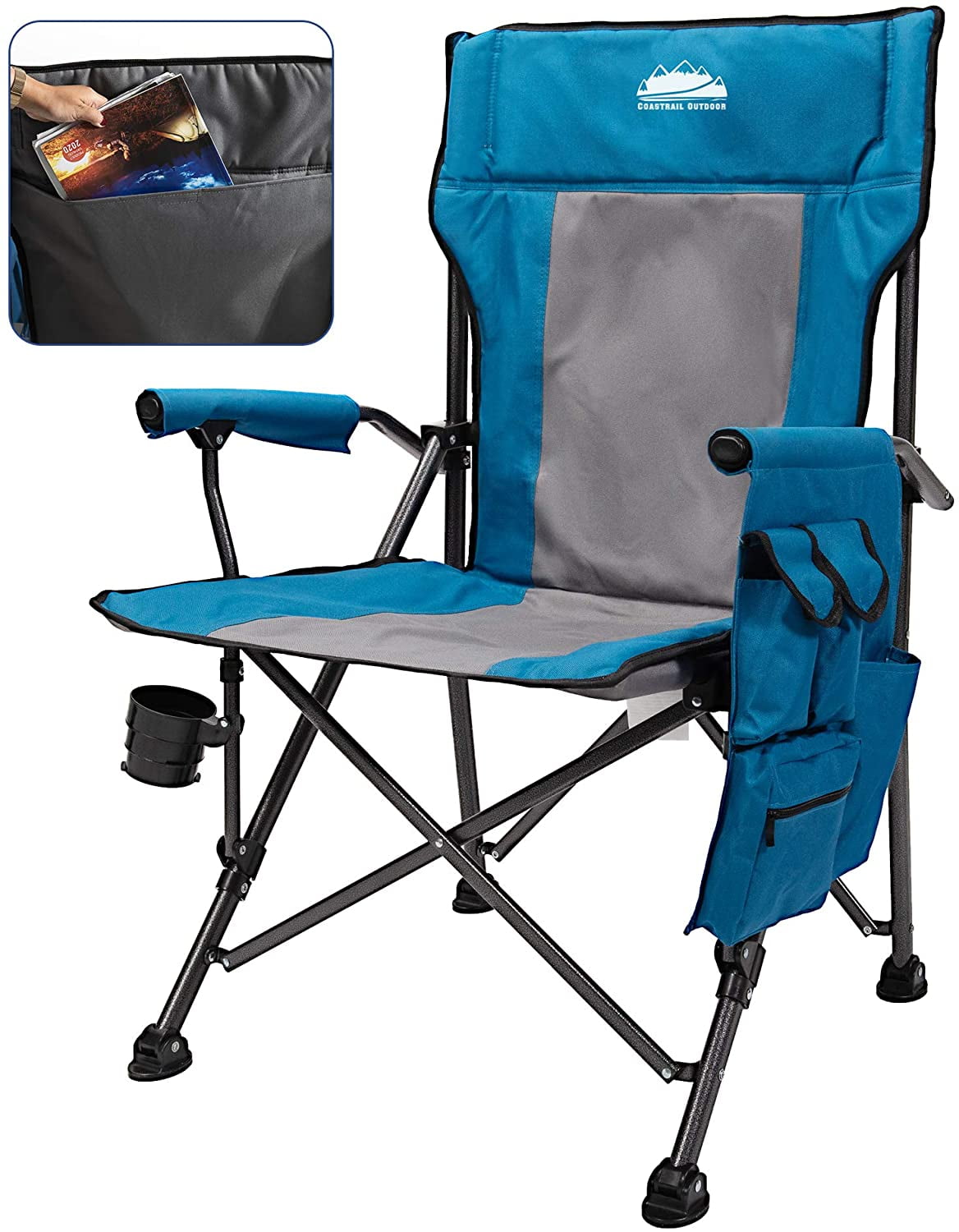 Blue Gray Coastrail Outdoor Reclining Camping Chair Adjustable 3 Position Heavy Duty Steel 300 LBS Capacity for Adult Lounge with Cup Holder & Storage Folding Lawn Chair Outdoor RV Patio 