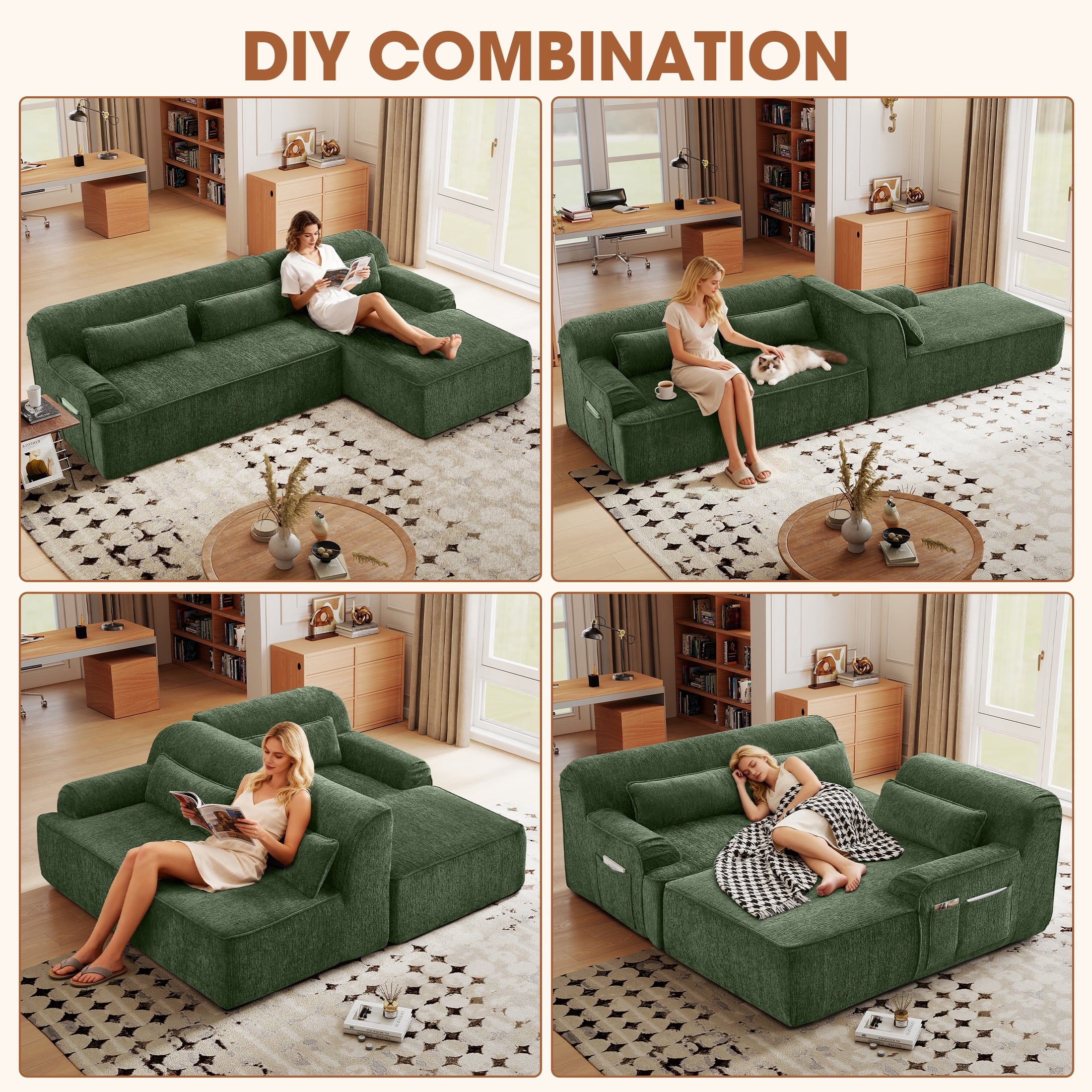 Aukfa 102.4" Chenille Modular Sectional Sofa with Right-Facing Chaise, Deep Seat Couch, No Assembly Required, Green