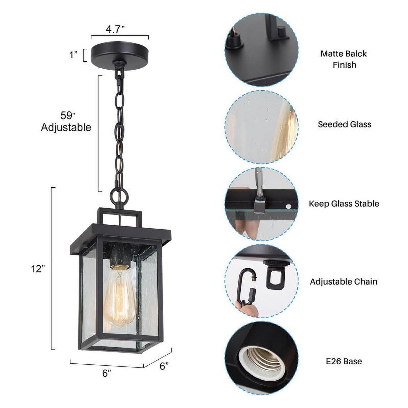 LNC Outdoor Pendant Light withseeded Glass, Blacksquare Hanging Lantern Fixture for Porch