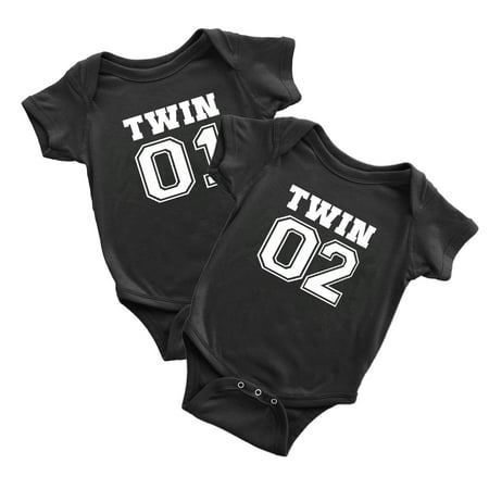 

Body Twin Bodysuit Clothes Sports Jersey Numbers 01 and 02 Outfits Gift for Twins (Black 12-18M)
