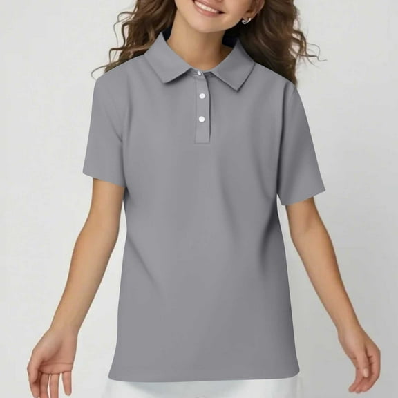 HAJWOH Junior Girls Polo Shirts Short Sleeve Tennis T-Shirts Casual Button Tops 2025 Spring New Collared Uniform Top Athletic Blouse Light Gray 5-6 Years