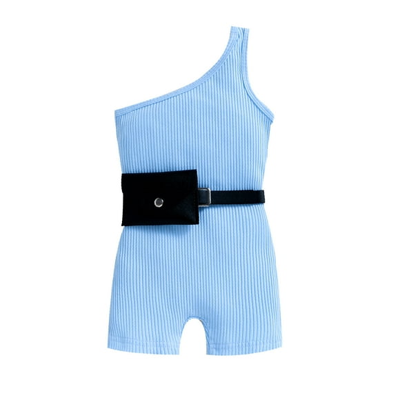 WEIYLL Rompers for Girls 2025 Sleeveless Solid Ribbed Off Shoulder Belt Waist Bag Outfits Light Blue Baby Overalls for 2-3 Years