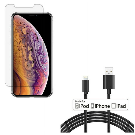 iPhone XS/X - Anti-Glare Screen Protector w 10ft MFi USB Cable - Tempered Glass Matte 3D Curved Edge Anti-Fingerprint Case Friendly, Certified Charger Cord Power Wire Braided Long