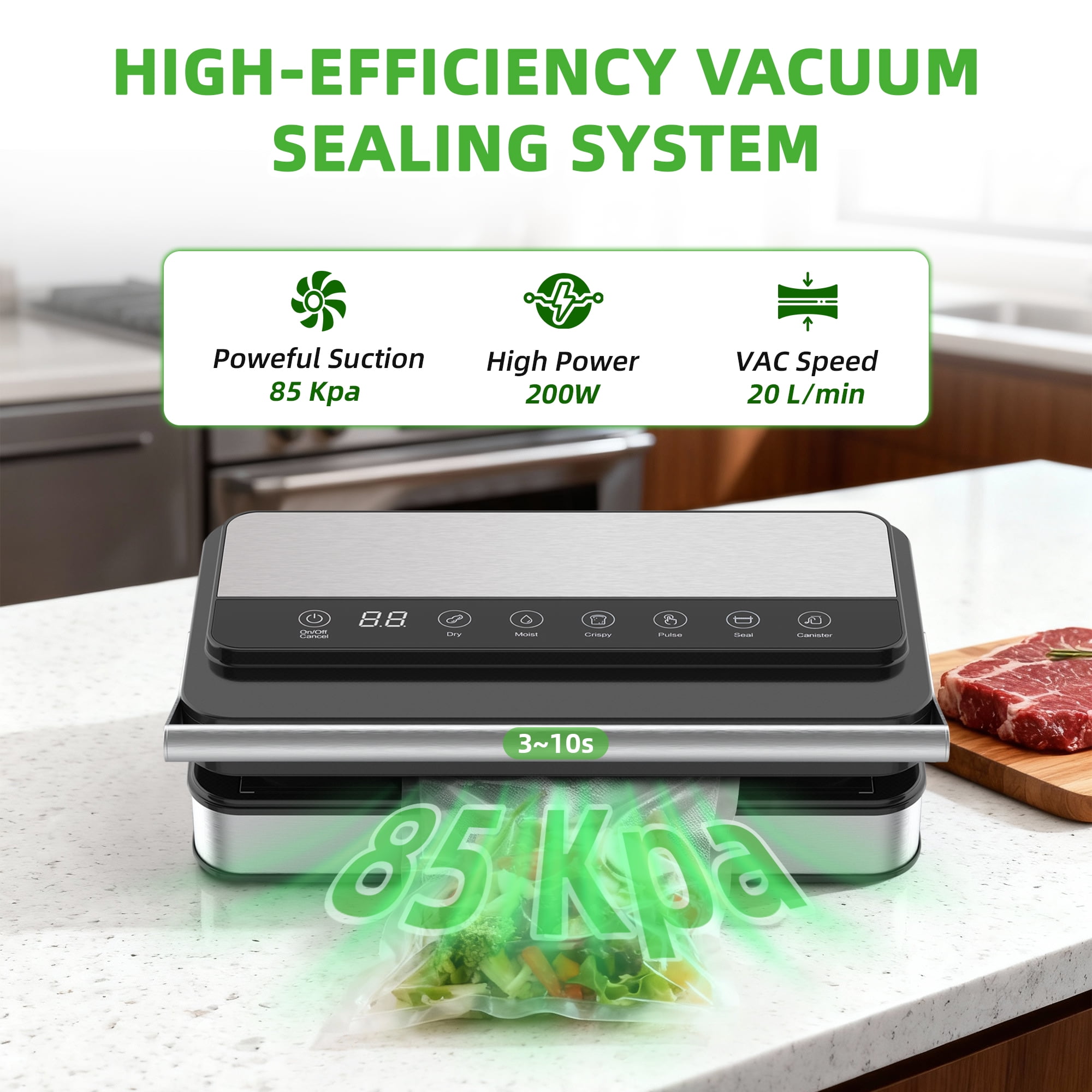 Elevon 10-in-1 Automatic Vacuum Sealer, 200W Food Saver with Built-in Cutter, Digital Timer, Bags & Roll Included, Compact Low Noise Design