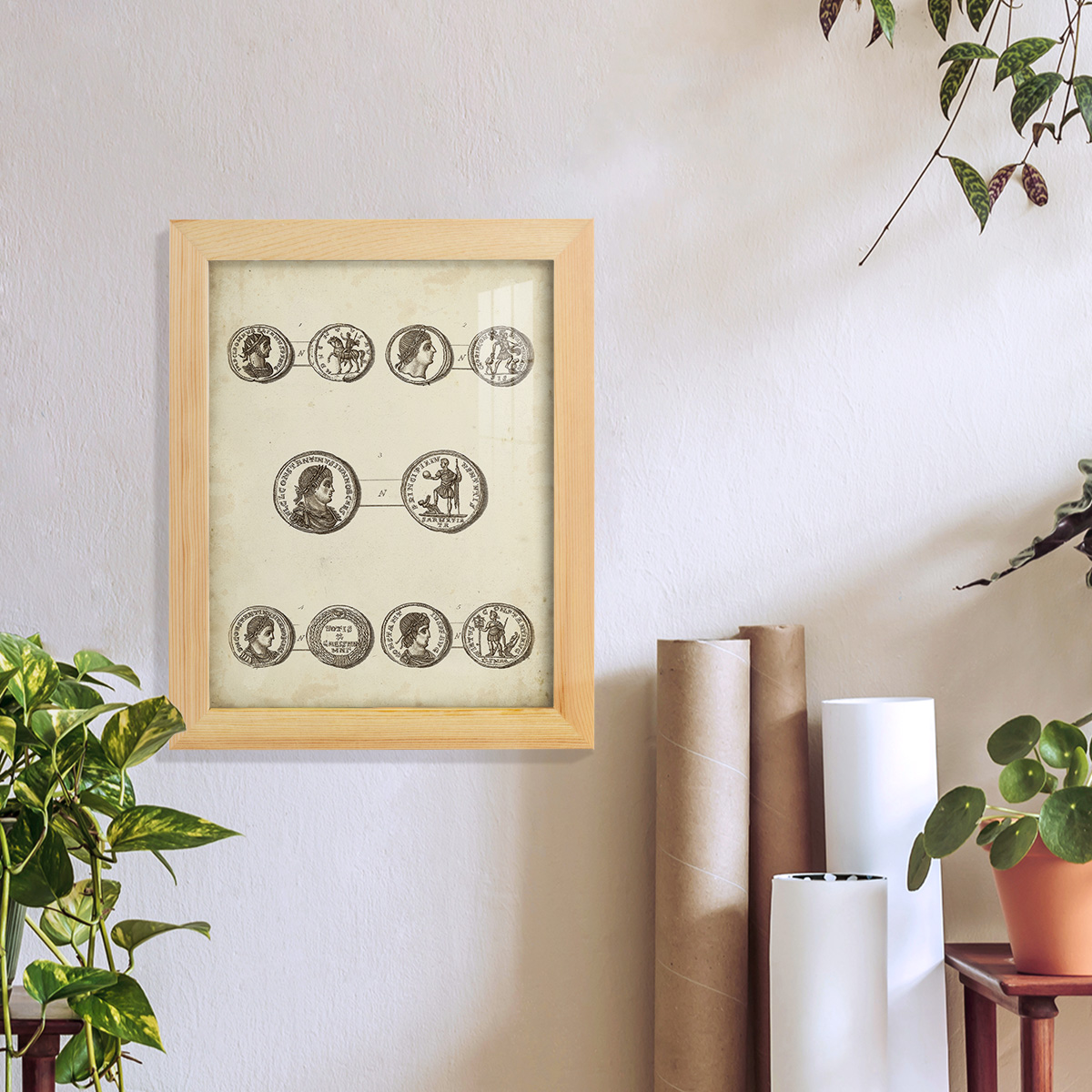 Antique Roman Coins V -Framed Print w/glass-Natural Wood