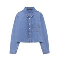 thumbnail image 3 of HH TRAF 2024 Conjunto de mujer Camisa vaquera de un solo pecho con bolsillo y cuello vuelto + pantalones vaqueros con cordones de cintura alta Traje de otoño para mujer de moda, 3 of 5
