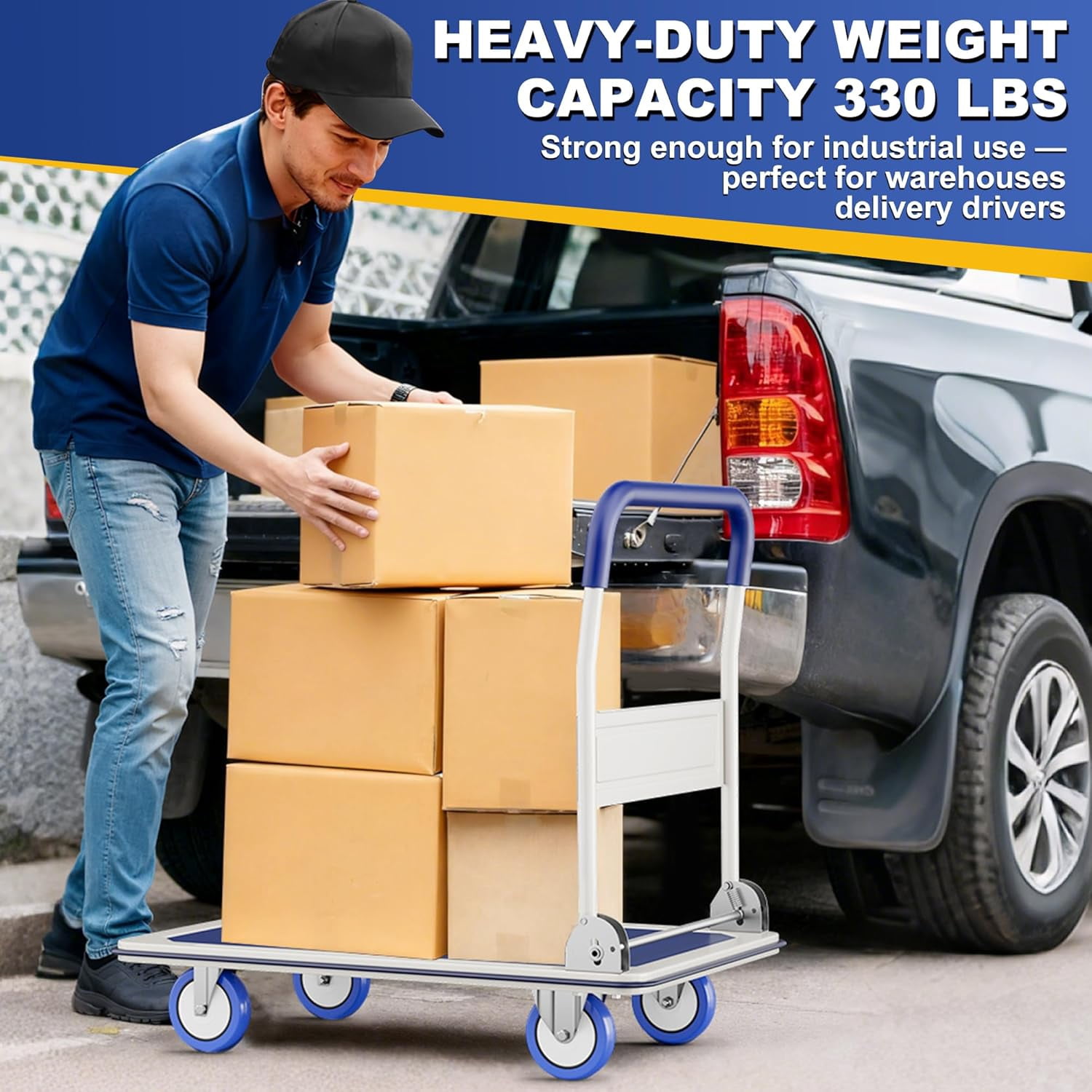 Foldable Push Cart Dolly | 660 lbs. Capacity | Heavy Duty Moving Platform Hand Truck with Swivel Wheels | Small Flatbed Cart | Space Saving Push Handle-b6