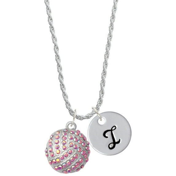 Delight Jewelry Silvertone Large Super Sparkle Crystal Pink AB Volleyball Silvertone Script Initial Disc - I - Charm Necklace, 20"+3"