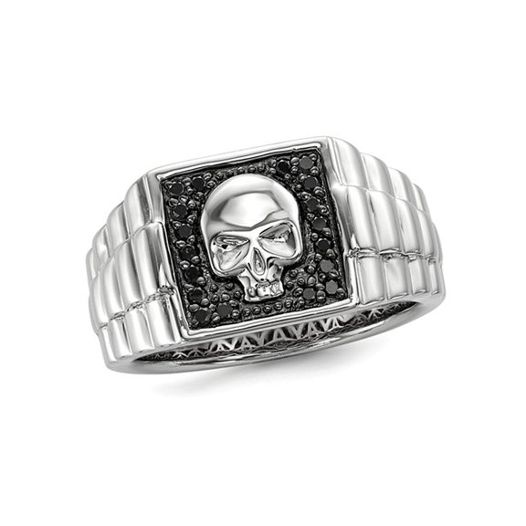 Mens Black Diamond 1/5 Carat (Ctw) Polished Skull Ring in Sterling Silver