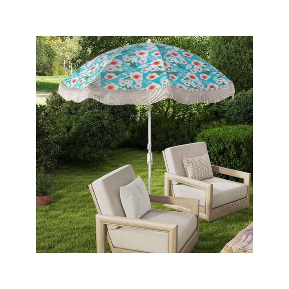 6.5 Ft Outdoor Fringe Patio Umbrella With Push Button Tilt And Floral Green Canopy