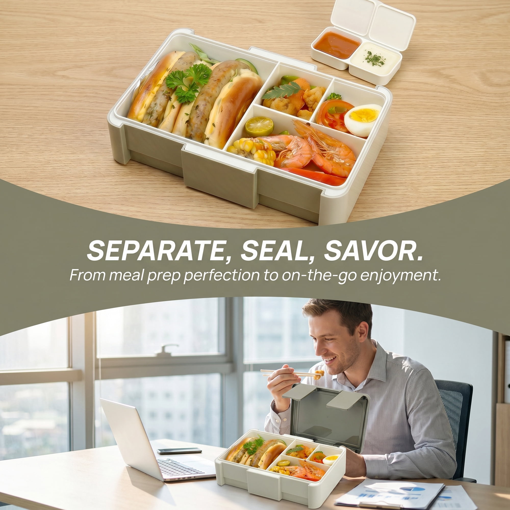 Unique Bargains 1450ml Leak-Proof Meal Prep Container Lunch Bento Box Khaki