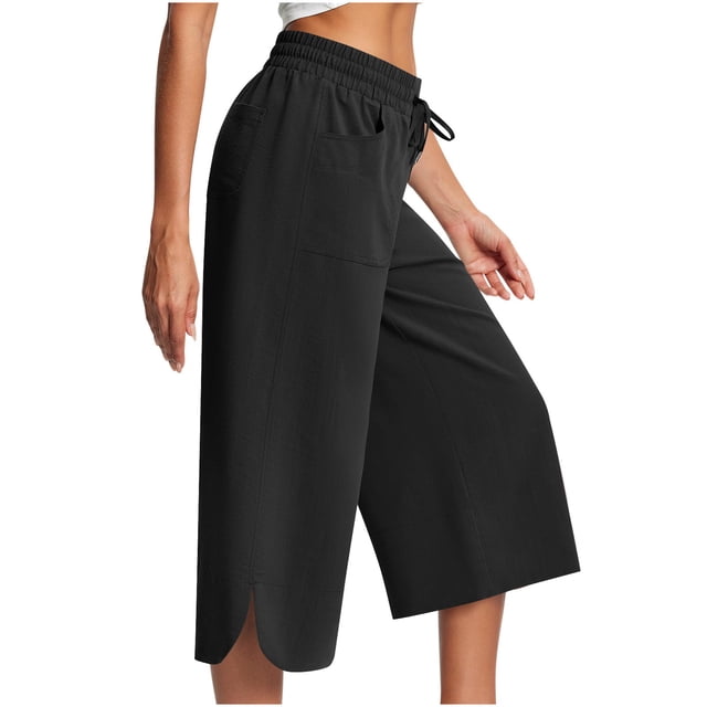 ameIAEA Womens Wide Leg Capri Pants Elastic Waist Drawstring Cropped Trousers with Pockets