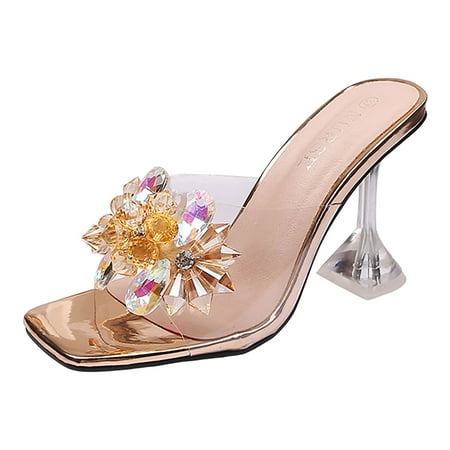 

Ladies Summer Fashion Glass With Flower Rhinestone High Heels Elegant Flip Flops Stage Catwalk Banquet Open Toe Light Sandals