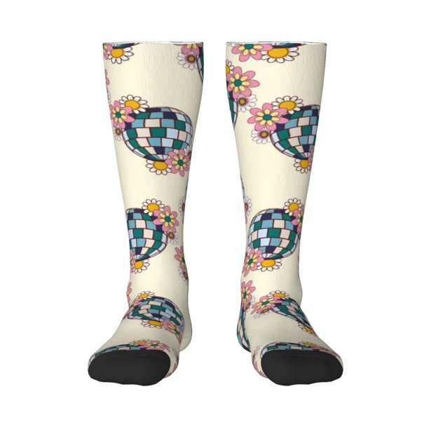 Fotbe 70s Disco Ball Calcetas Divertidas Estampadas para Hombre y Mujer, Calcetas de Algodón hasta la Rodilla para Caminar, Correr, Enfermería y Embarazo