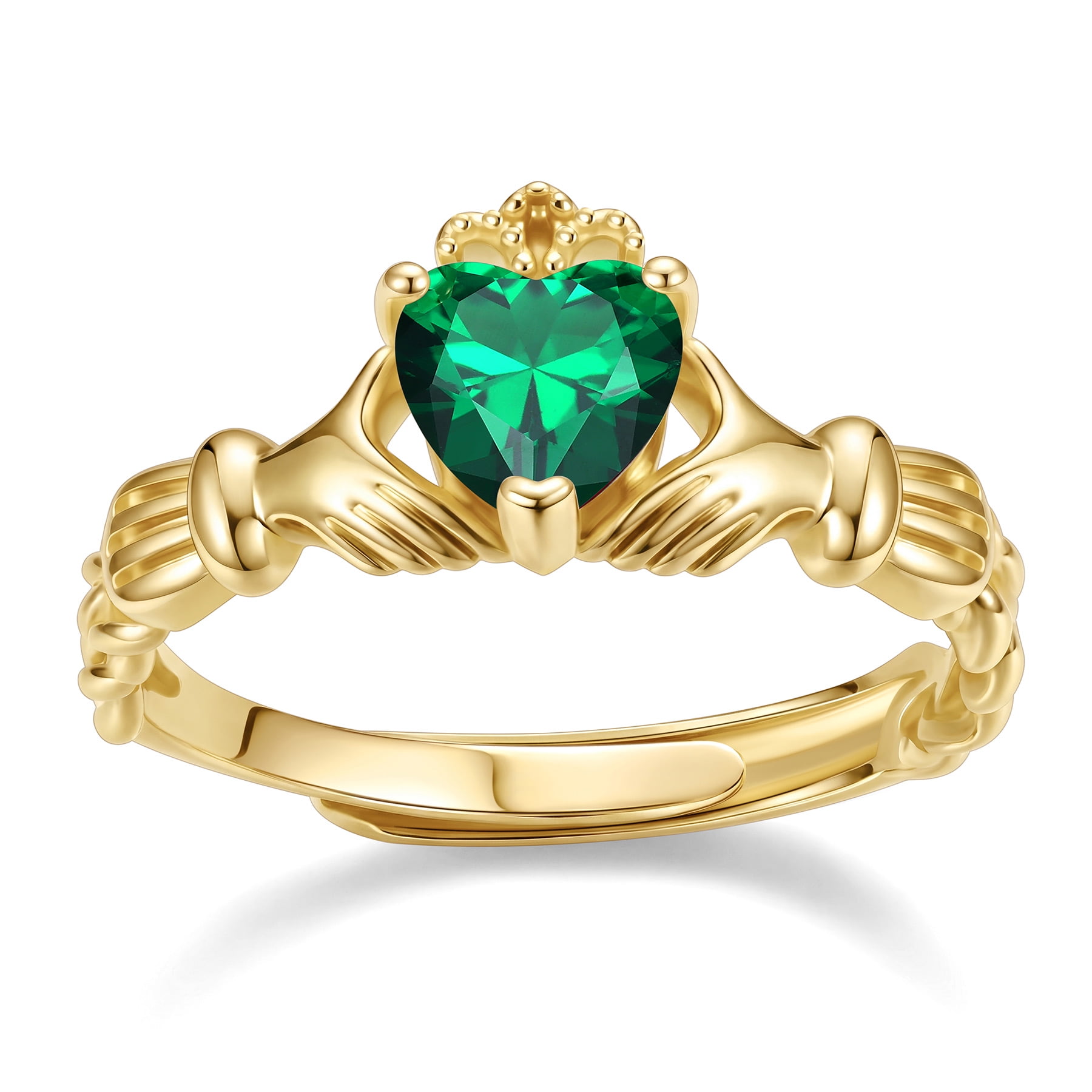 Bestyle Love Claddagh Promise Rings 14K Gold Plated Heart Emerald Birthstone Ring Christmas Stocking Stuffers for Women Daughter Wife - May