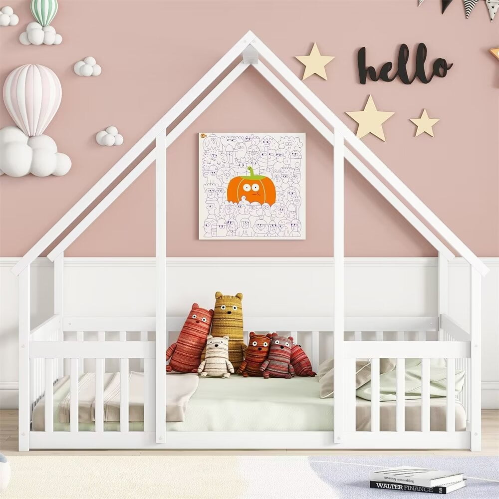 Full Size Floor Bed for Kids Toddlers, Wooden Montessori Bed Frame with Roof and Fence Guardrails, Playhouse Bed Tent Bed for Boys Girls Bedroom, Easy Assembly, White