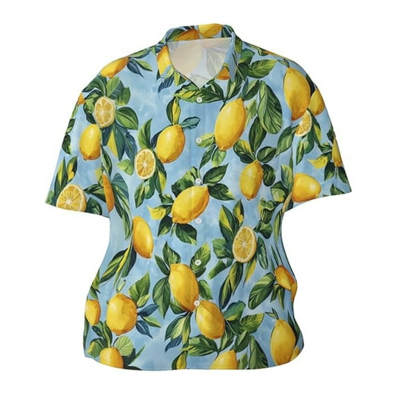 Button Up Shirt for Men Casual Lemon Print Breathable Turndown Collar Short Sleeve Shirts Lightweight Classic Fit Mens Shirt
