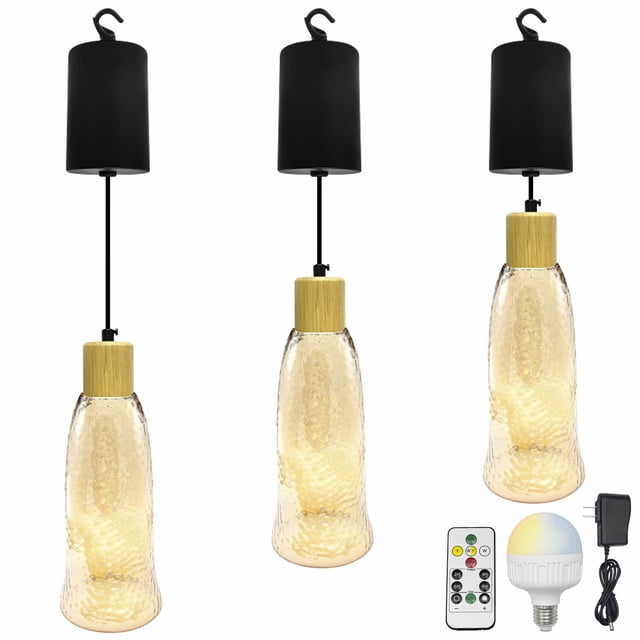 FSLIVING Adjustable Height Pendant Light Remote Control Rechargeable Battery Amber Glass Shade Pack of 3