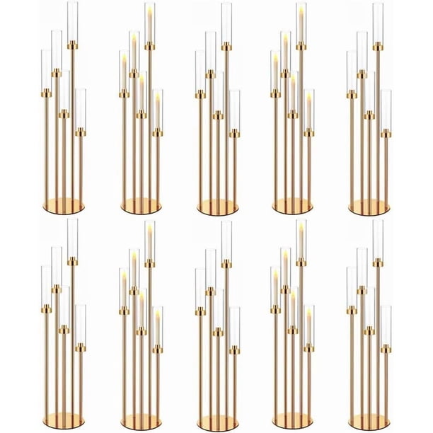 Centros de mesa de candelabro dorado de 42.5 pulgadas para mesas con candelabros decorativos, set de 10 portavelas de 5 brazos con pantallas acrílicas compatibles con velas LED de 0.9 pulgadas para