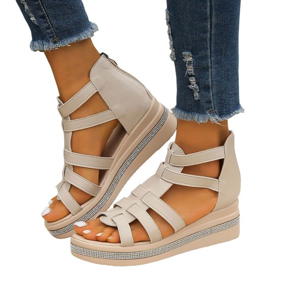 Platform Gladiator Sandals for Women 2025 Roman Beach Summer Rhinestones Wedge Dress Sandals with Zipper