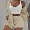thumbnail image 2 of Lovskoo Women Fuzzy 3 Piece Outfit Pajamas Fleece Hooded Cardigan Outwear Sleeveless Crop Tops Shorts Nightwear Set Beige, 2 of 8
