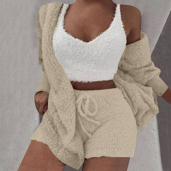 Aboser Women's Fuzzy 2 Piece Outfit Lounge Set Warm Faux Shearling Cardigan with Shorts Sweatsuit Ladies Sweater Casual Loungewear