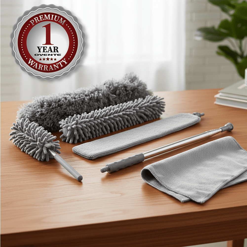OVENTE Microfiber Duster Cleaning Set with Stainless Steel Extension Pole Up to 96", Washable, Reusable and Bendable Dusters for High Ceiling Fans, Blinds, Furniture, Cobweb and Cars, Grey CTD1526GY