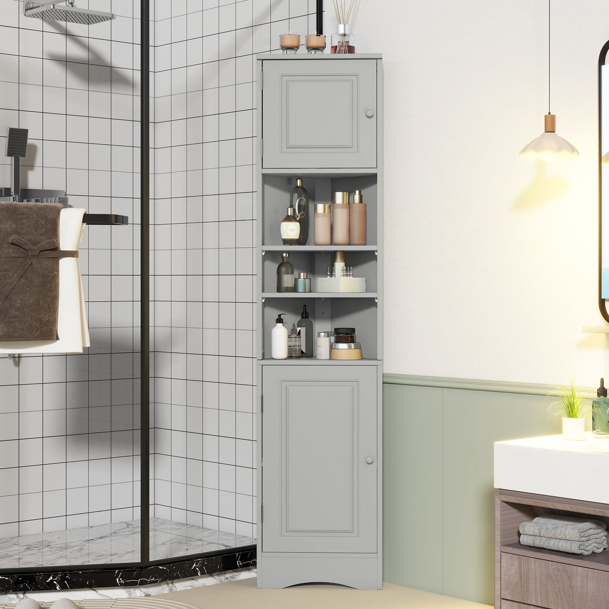 PORKISS 66.9" Tall Corner Cabinet with 2 Barn Doors, 6 Tier Bookcase Storage Cabinet with Adjustable Shelves, Corner Storage Cabinet for Bathroom, Living Room, Kitchen, Grey