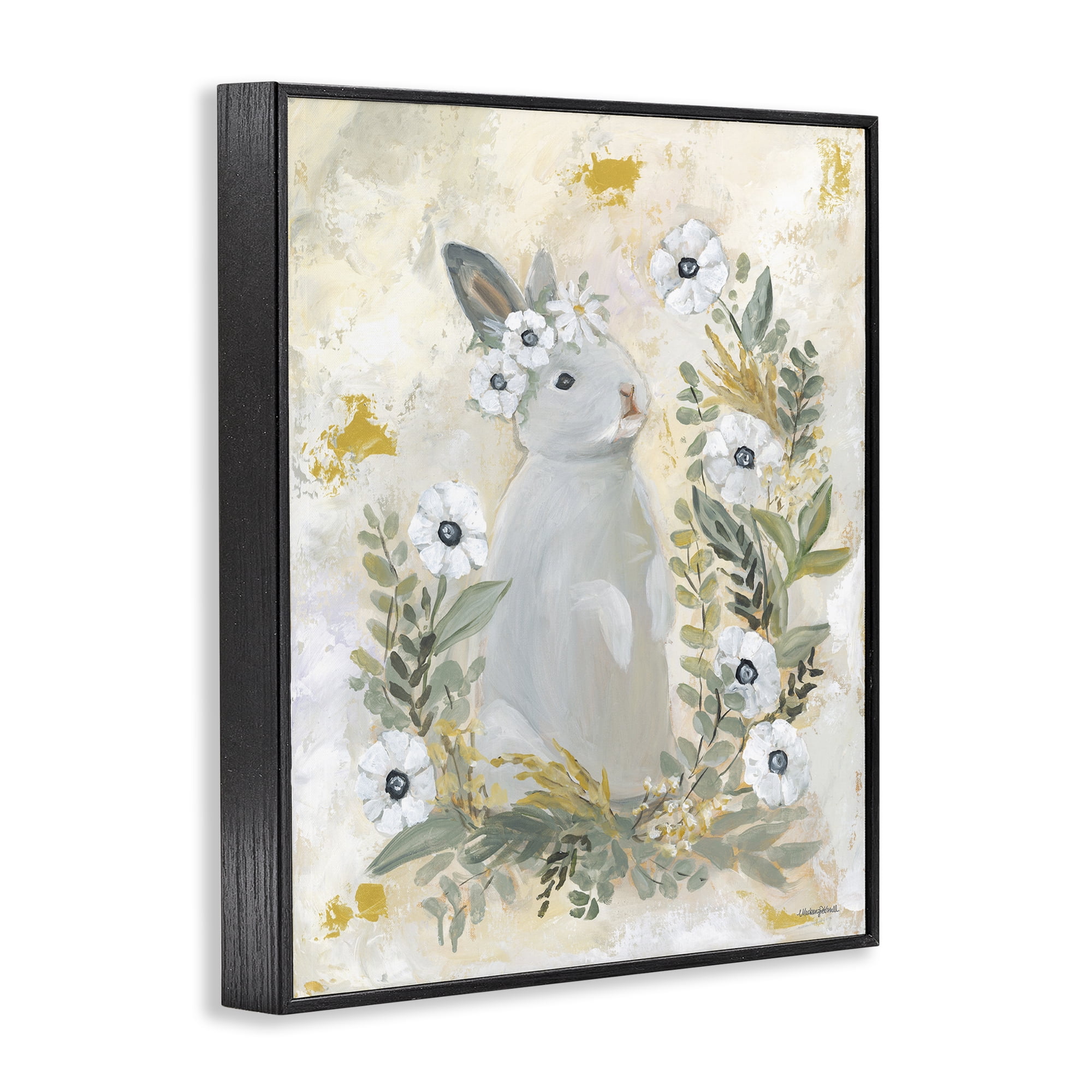 Bunny with White Blooms Black Framed Giclee Art, 24 x 30, Made In USA
