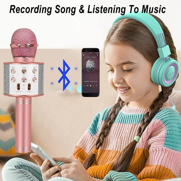 BONAOK Microphone Sans Fil, Microphone Karaoké Enfant Bluetooth Lecteur  Enregistreur Portable, Lumières LED Coloré Microphone de Fête Familial pour