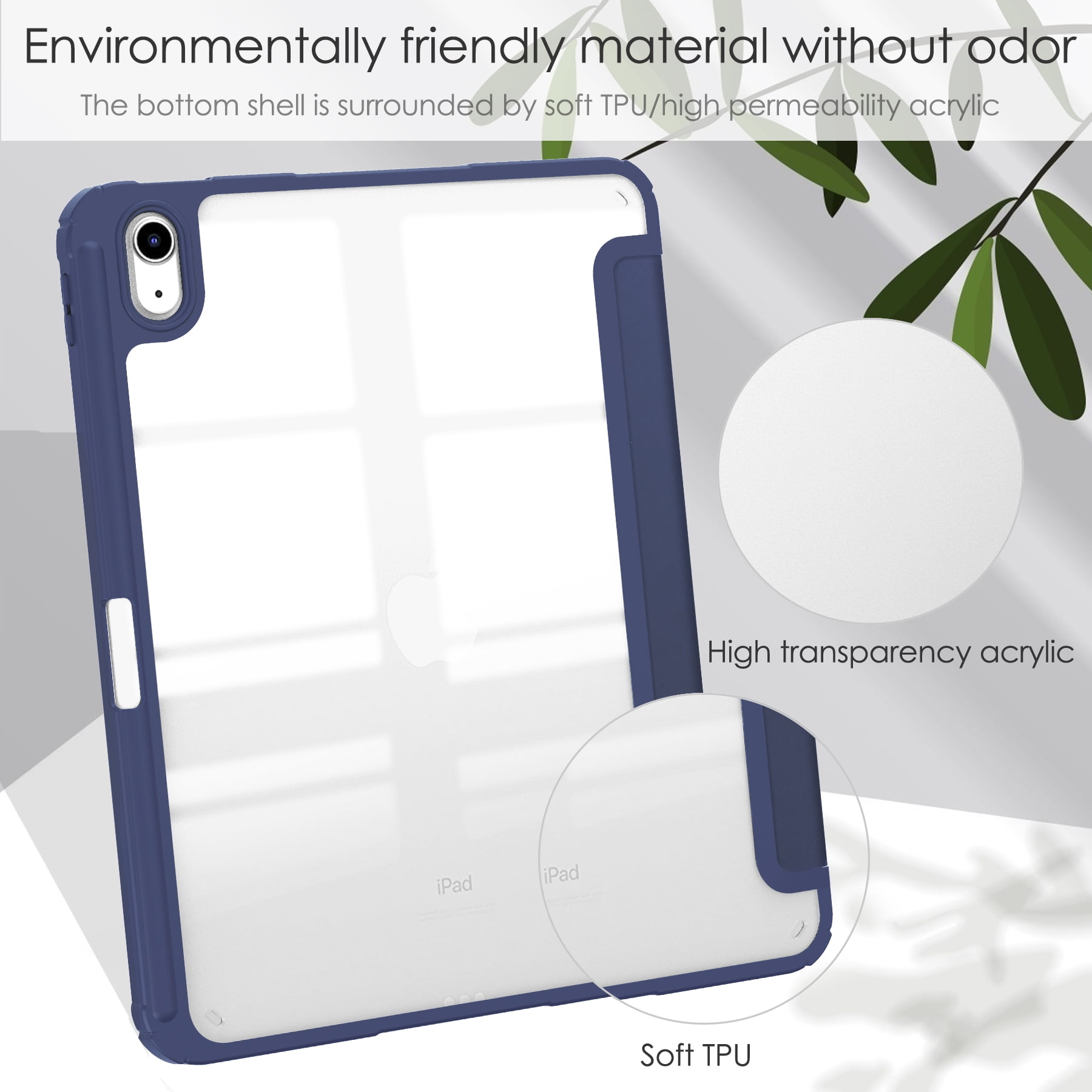 Allytech iPad 10th Generation Case with Pencil Holder, Transparent Clear Back Shell Trifold Stand Auto Sleep Wake Shockproof Drop Protective Case Cover for Apple iPad 10th Gen 2022-Blue