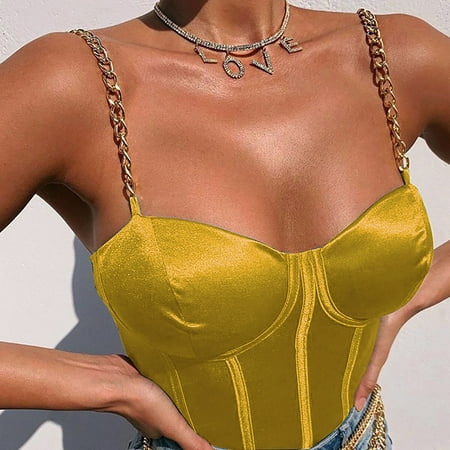 WHLBF Women s Clearance Top Summer Crop Satin Bustier Top Chain Strap Casual Padded Lingerie Yellow M(M)