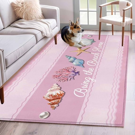 Pink Summer Coastal Area Rugs 4'x6', Washable Small Throw Rugs for Office Bathroom, Modern Ocean Waves Starfish Shell Indoor Outdoor Rug Non-Slip Low Pile Carpet Runner Reversible Floor Mats