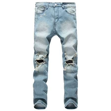 - Hemiks Men's Zipper Biker Jeans Ripped Distressed Slit Denim Slim Stretch Blue jeans