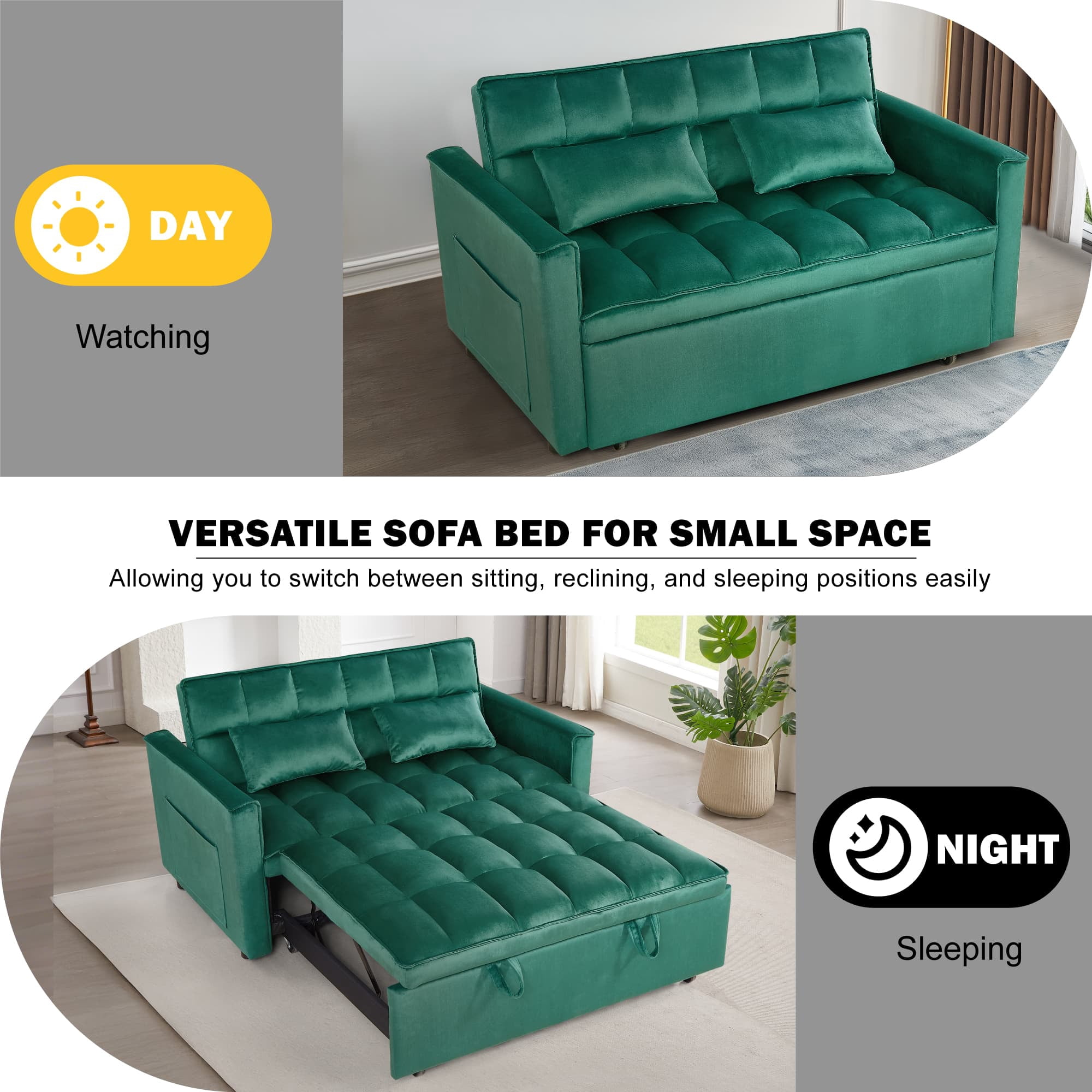 BSHTI 54" Fold out Sleeper Sofa Bed,Convertible Twin-Size Bed,With 3 Angles Adjustable Backres,Velvet Upholstery,Easy Assembly, Green