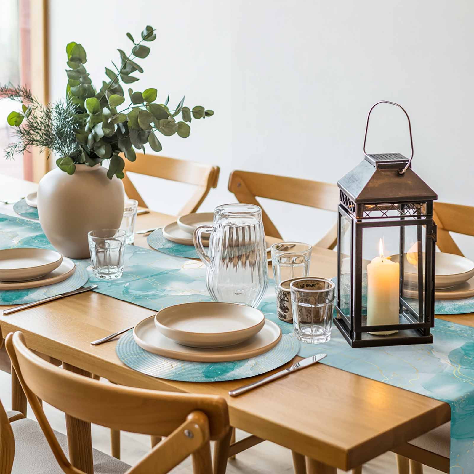 Abstract Coastal Round Table Placemats set of 6, Blue Green Gold Lines Washable Woven Place Mats for Dining Tables Kitchen Party Decor,Heat Proof, 13in,