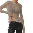 thumbnail image 1 of Lilgiuy Women's Solid Color Long-sleeved Pitted Round Neck Breathable Knitted Hollow Blouse Sweater for Holiday Travel Beach, 1 of 4